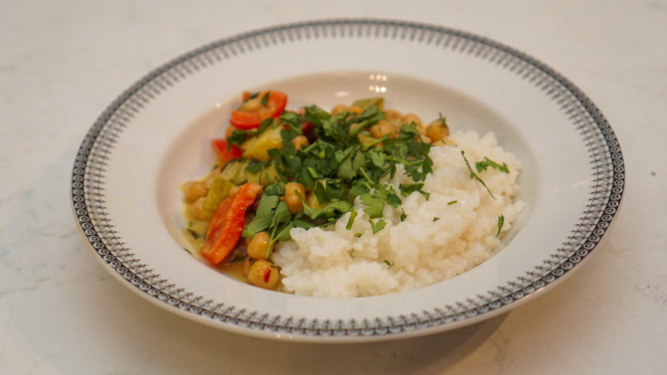 Plate with chickpea zucchini curry and rice